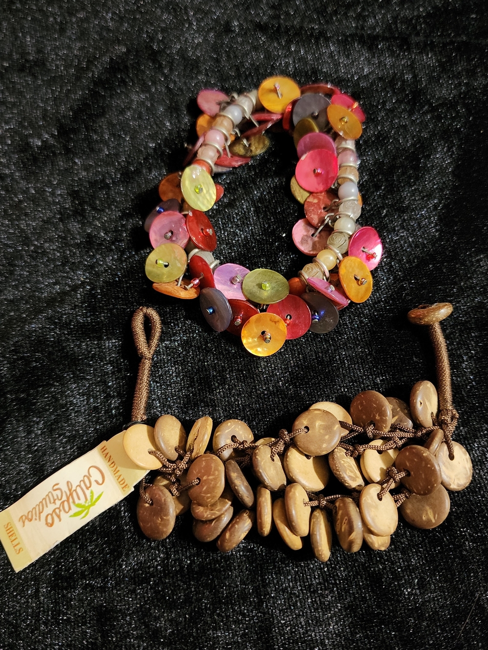 Colorful Button Disc Bracelet & Coconut Coin Bracelet - Multicolor and Brown